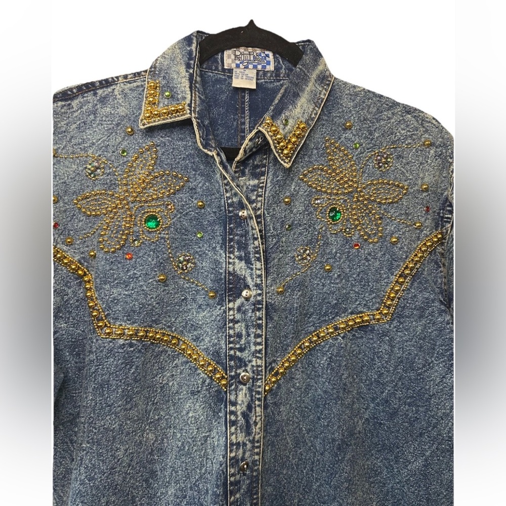 VTG 80’s Short Sleeve Acid Wash Denim Beaded & Embellished Button Up Shirt M - Picture 7 of 11